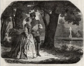 Don Juan discutiu com Ana da Áustria (1549-1580) sua possível união com o príncipe Don Carlos (1545-1568), filho do rei Felipe II da Espanha (1527-1598). Gravura de 1871 em "Histoire Des Cocus Celebres" de Henry de Kock (1819-1892).