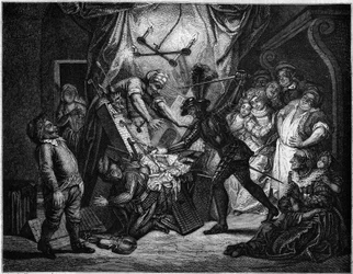 Dom Quixote combate as marionetas que julga serem mouros. Gravura de V. Beauce a partir da pintura de Charles Antoine Coypel (1694-1752), que ilustra o romance de Cervantes (1547-1616). Em «Le Magasin pittoresque»