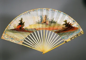 Ventilador de duas folhas pintado à mão com cena pastoral, costelas de marfim e prata, ca. 1760, costas, França