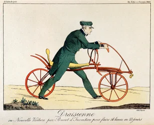 Draisienne, ancestral da bicicleta, 1820 (gravura a cores)