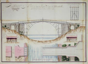 Desenhos e seção transversal da ponte de ferro construída em 1779 em Coalbrookdale, Shropshire, Inglaterra, 1784 (caneta, tinta & wc no papel)