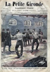 Caso Dreyfus: o duelo entre o Tenente Coronel Georges Picquart (1854-1914) e Hubert Henry (1846-1898) na escola militar em Paris. Capa de "La petite Gironde" de Março de 1898 (gravura)