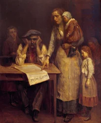 Durante a greve Uma família de trabalhadores, a mãe contou ao pai um artigo no jornal "La lutte sociale" Pintura anónima