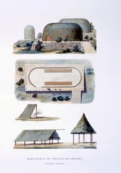 Habitações em Likiliki Village, Nova Irlanda, 1826