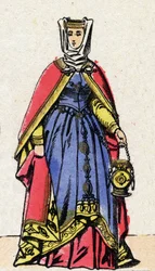 Dinastia dos Capetianos: Retrato de Isabel de Aragão (1247-1271), Rainha de França, esposa de Filipe III conhecida como Hardi (1245-1285). Imagem epinal do final do século XIX. Coleção particular.