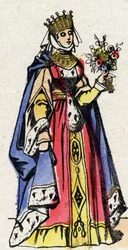 Dinastia dos Capetianos: Retrato de Marguerite da Provença (1221-1295), Rainha de França, esposa de Luís IX de França (1214-1270). Imagem epinal do final do século XIX. Coleção particular.