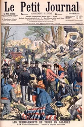 Terramoto na Calábria, Itália. O rei Victor Emmanuel III visitando as regiões devastadas. Terramotos na Calábria. SM Victor-Emmanuel visita a região devastada. Ilustração para o Le petit Journal, 24 de Setembro de 1905. Victor Emmanuel III da Itália (Vitto