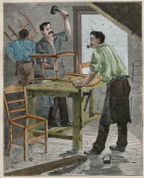 Ebenisterie: montagem de cadeiras no século XIX em França. Gravura de 1885 em "Les arts et metiers illustres" de Adolphe BITARD.