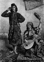 Músicos e dançarinos egípcios. O homem segura címbalos entre os dedos. Gravura em "Le Journal de la jeunesse".