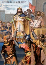 Eleição de Hugues-Capet (987) como rei. Cromolitografia da série "Educação Patriótica pela Imagem".