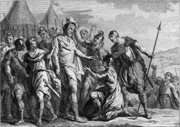 Eleição de Meroveu como chefe dos Francos Sálios em 448. Primeiro rei merovíngio, reinou até 458. Gravura do século XVIII.