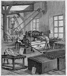 Electrodeposição - Oficina de electrodeposição de Monsieur Rousset em Paris no século XIX - Gravura em "Sciences set at the door of all - physics and chemistry" de Alexis Clerc - Fim do século XIX - Colecção privada