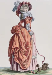 Mulher elegante com seu cachorrinho, moda placa da Galerie des Modes et trajes Francais, gravada por Bacquoy (gravura de cor)