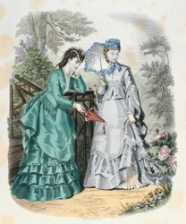 Mulheres elegantes em um jardim, de La Mode Illustrée, 1871