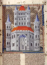 Elevação da fachada do Templo de Salomão em Jerusalém Miniatura extraída dos "Comentários da Bíblia" de Nicolau de Lyra (século XIII) Século XIV Cambrai, biblioteca municipal