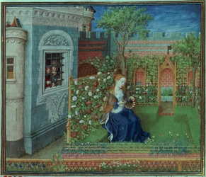 Emelye no jardim dela. Os cavaleiros presos Palamon e Arcite, das Horas do Duque de Borgonha