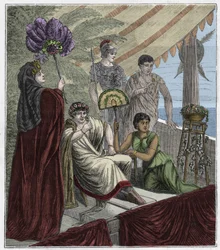 Lâmina de esmeralda usada como instrumento óptico pelo imperador Nero, imperador de Roma (54-68 d.C.): Nero observa um combate de gladiadores através de uma esmeralda lapidada de forma côncava que serve de lente para corrigir a sua miopia - gravura em