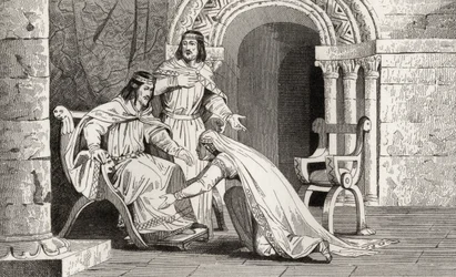 Emme beija o joelho de seu marido Raoul (d.936) em reconhecimento de sua soberania, de &39;Histoire de France&39; por Colart, publicado em 1840