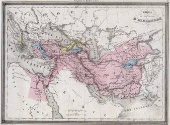 Império e Expedição de Alexandre o Grande - Placa do "Atlas Universal da Geografia Antiga e Moderna para o Uso das Escolas Residenciais" por Vuillemin - ca. 1845