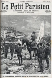Fim da Guerra Hispano-Americana (Hispano Americano) em 1898. Oficiais americanos anunciando a cessação das hostilidades nos postos avançados espanhóis. Gravação em "Le petit parisien" a partir de 1898.