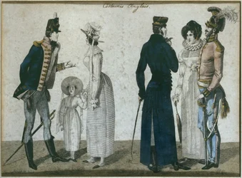 Trajes ingleses, ilustração de Le Bon Genre, início do século XIX (gravura a cores)