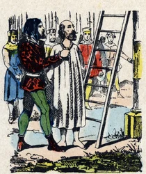 Enguerrand de Marigny (1260-1315) condenado por uma comissão reunida em Vincennes, foi enforcado no gibet Montfaucon que tinha erigido - Quando Philippe IV morre o seu ministro impopular, Enguerrand de Marigny, é acusado (injustamente) de vários crimes, in