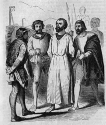 Enguerrand de Marigny Chamberlain e ministro do rei Filipe IV, o Bel, marchando para torturar em 1315. Gravura do século XIX.