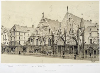 Entrada do Hotel-Dieu (Hotel Dieu), rue du Marche Palu, em 1590 - em "Paris a travers les ages", finais do século XIX