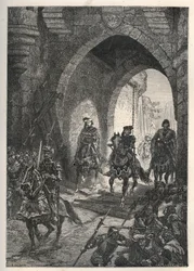 Entrada de Carlos VI o Bem-Amado (1368-1422), rei de França, em Paris, após o esmagamento da revolta dos Maillotins, em 1382 - Rei francês Charles Vi regressa a Paris - Entrada de Carlos VI le Bien-Aime (1368-1422), rei de França, em Paris, após o