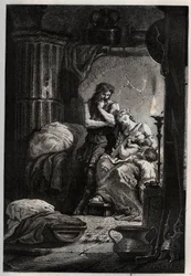 Eponine e seu marido Julius Sabinus (falecido em 78 d.C.) vivendo clandestinamente em uma caverna para escapar do imperador Vespasiano (9-79) - Sabinus e sua esposa Eponine, escondidos em uma caverna - gravura de "L