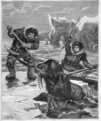 Esquimós - morsa de pesca - Esquimós - pesca da morsa em 1888 - - Gravura no "Journal des Voyages" 1888