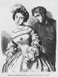 Etienne Lousteau falando com uma atriz, ilustração de &39;Les Illusions perdues&39; por Honore de Balzac