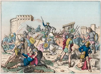 Eudes (Odon) (860-898), dinastia carolíngia, liderou a batalha contra os normandos e defendeu vitoriosamente Paris (885-887) - Eudes (860-898) em batalha contra os normandos - Gravura do final do século XIX em "Nos Gires Nationales - Images et reci