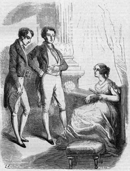 Eugene de Rastignac apresentado à Madame de Nucingen pelo Marquês de Adjuda. Gravura de meados do século XIX. Ilustração para "O Pai Goriot" de Honore de Balzac (1799-1850).