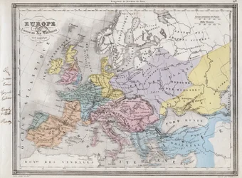 Europa após a invasão dos bárbaros no século VI - Placa extraída do "Atlas Universal da Geografia Antiga e Moderna para o Uso das Escolas Residenciais" por Vuillemin - por volta de 1845