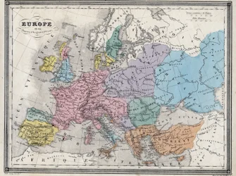 Europa em 814 - Impérios do Ocidente e do Oriente - Placa extraída do "Atlas Universal da Geografia Antiga e Moderna para o Uso das Escolas Residenciais" por Vuillemin - cerca de 1845