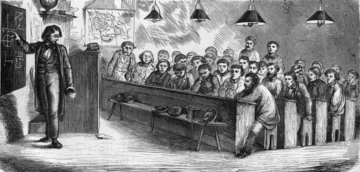 Aula nocturna numa escola pública para adultos em Paris, em 1858.