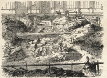 Escavações na Cour Carree du Louvre - Descoberta das fundações da antiga torre de Philippe Auguste - Escavações realizadas no pátio do Louvre - actualização das fundações da antiga Tour Philippe-Auguste - Gravura no "Le monde i