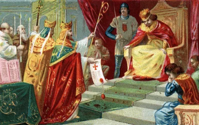 Excomunhão de Robert II o Piedoso em 998". O Rei da França, filho de Hugues Capet, apaixona-se e casa com seu primo Berthe de Borgonha apesar da desaprobacia do Papa Gregoire V, que também o excomungou. Cromolitografia do final do século XIX