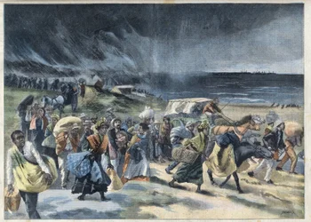 Exodus dos habitantes de Fort de France (Fort-de-France) após a erupção do vulcão de la Montagne Pelee, na Martinica. Gravura em "Le Petro Parisien" (O Petro Parisien)
