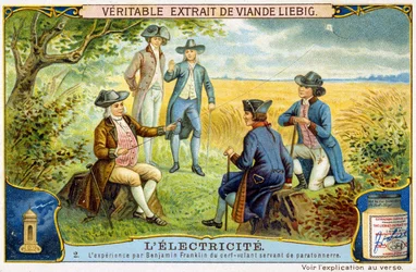 Experiência de Benjamin Franklin com veados voadores usados como pára-raios - Liebig adesivo publicitário