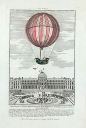 Experiência do globo aerostático da MM. Charles e Robert no Jardin des Thuileries em 1 de dezembro de 1783, pub. 1783 (gravura colorida à mão)