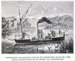 Experiência de Miller, Taylor e Symington, feita em 1789, no pedaço de água da terra de Dalswinton - no "Álbum da Ciência; ilustres estudiosos; Grandes Descobertas" 1896.