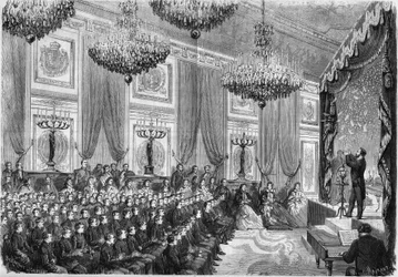 Experiências de física executadas por Henri Robin (ca. 1803-1874) em homenagem aos melhores alunos das Líceas de Paris, show oferecido pelo Príncipe Imperial no Palais des Tuileries, 27 de janeiro de 1865. Estavam presentes o Príncipe Imperial, filho de N
