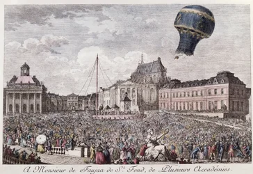 Experiência dos irmãos Montgolfier em Versalhes com o voo de um galo, um pato e uma ovelha num balão de ar quente Montgolfier a 19 de setembro de 1783
