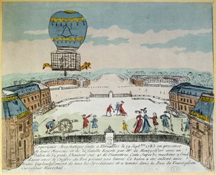Experiência em Versalhes dos irmãos Montgolfier com o voo num balão de ar quente Montgolfière de um galo, um pato e uma ovelha em 19 de setembro de 1783