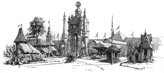 Exposição universal em Antuérpia (Bélgica) em 1885 : vista dos edifícios da exposição. Gravação em "Le Monde Illustre", 22 de Agosto de 1885.