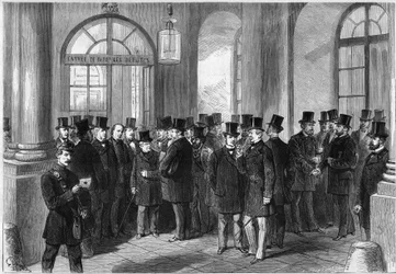 Prorrogação do mandato presidencial do marechal de Mac-Mahon (Mac Mahon), estabelecimento do septennat na França, novembro de 1873: vista da porta de entrada da Assembllee de Versailles, no dia da discussão da prorrogação. Da esquerda para a direita