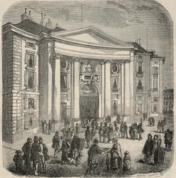 Vista exterior da Faculdade de Direito, Place du Pantheon em Paris - Gravura em "Tableau-de-Paris" de Edmond Texier 1852
