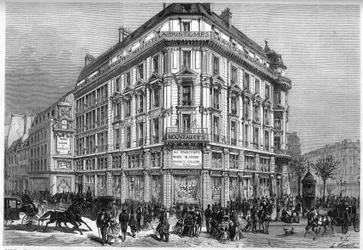 Vista exterior das novas lojas Printemps em Paris, no dia da inauguração dos "Elevadores de Viena", em 1874. Gravura no "Le Monde Illustré" n°885 de 28 de Março de 1874.